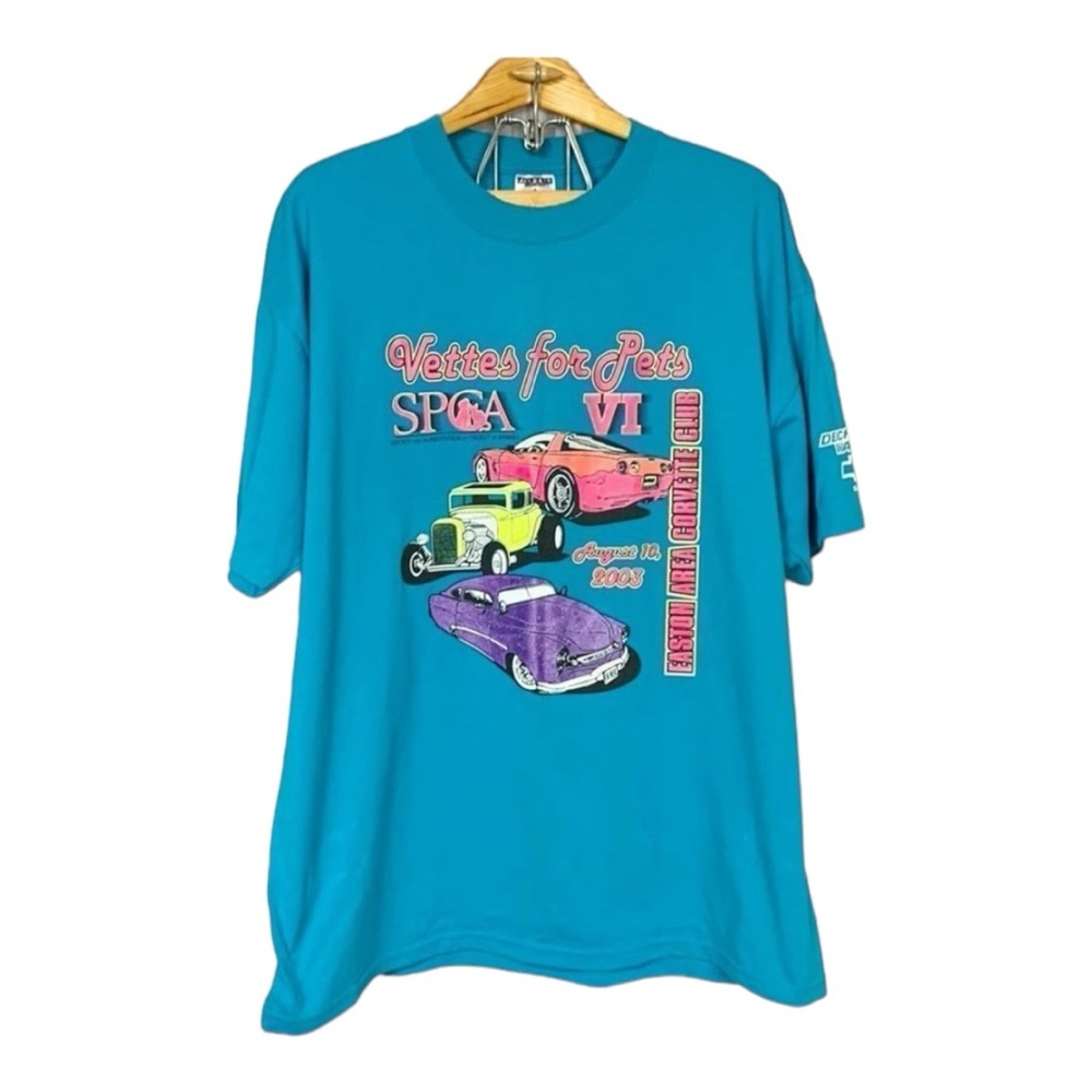 Men’s Vintage Y2K Corvette Vettes For Pets SPCA Neon Graphic Tee Teal Size 2X